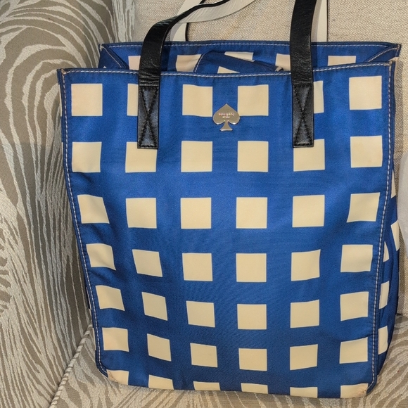 kate spade Handbags - Kate Spade Blue and Cream Square Pattern Tote With Black Leather Handles